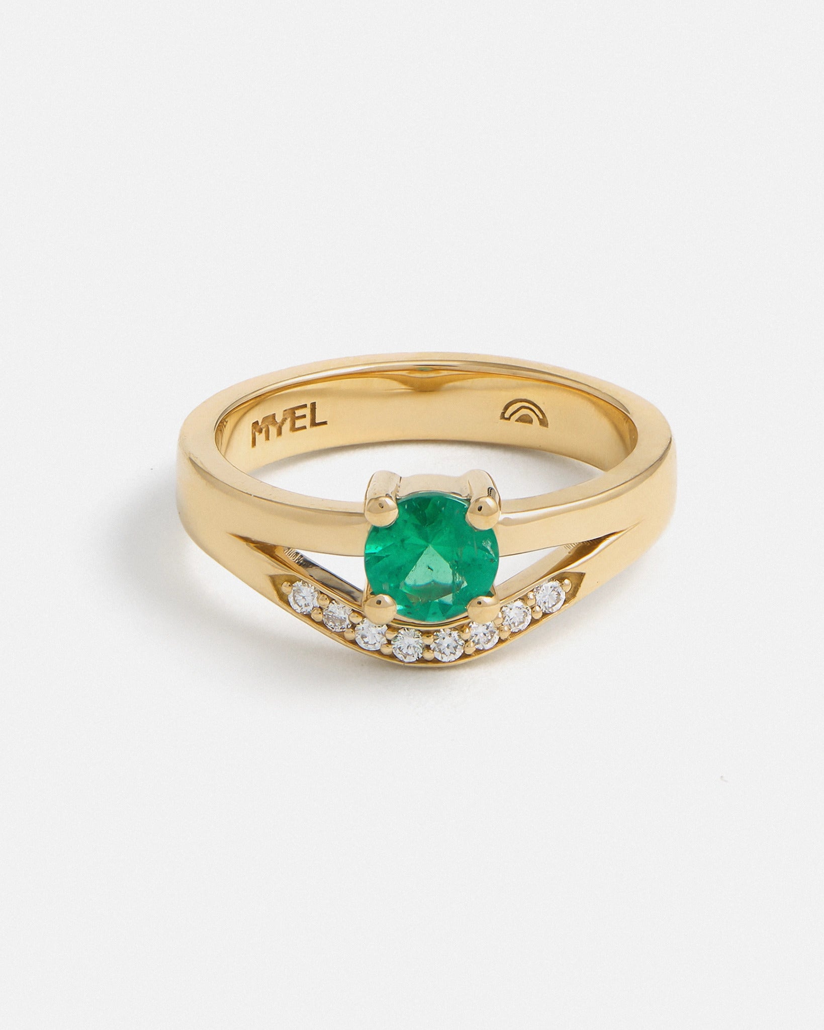 Custom Ring - Fusion Ring in Fairmined Gold with Brazilian Emerald Solitaire and Lab Grown Diamonds Stratura band