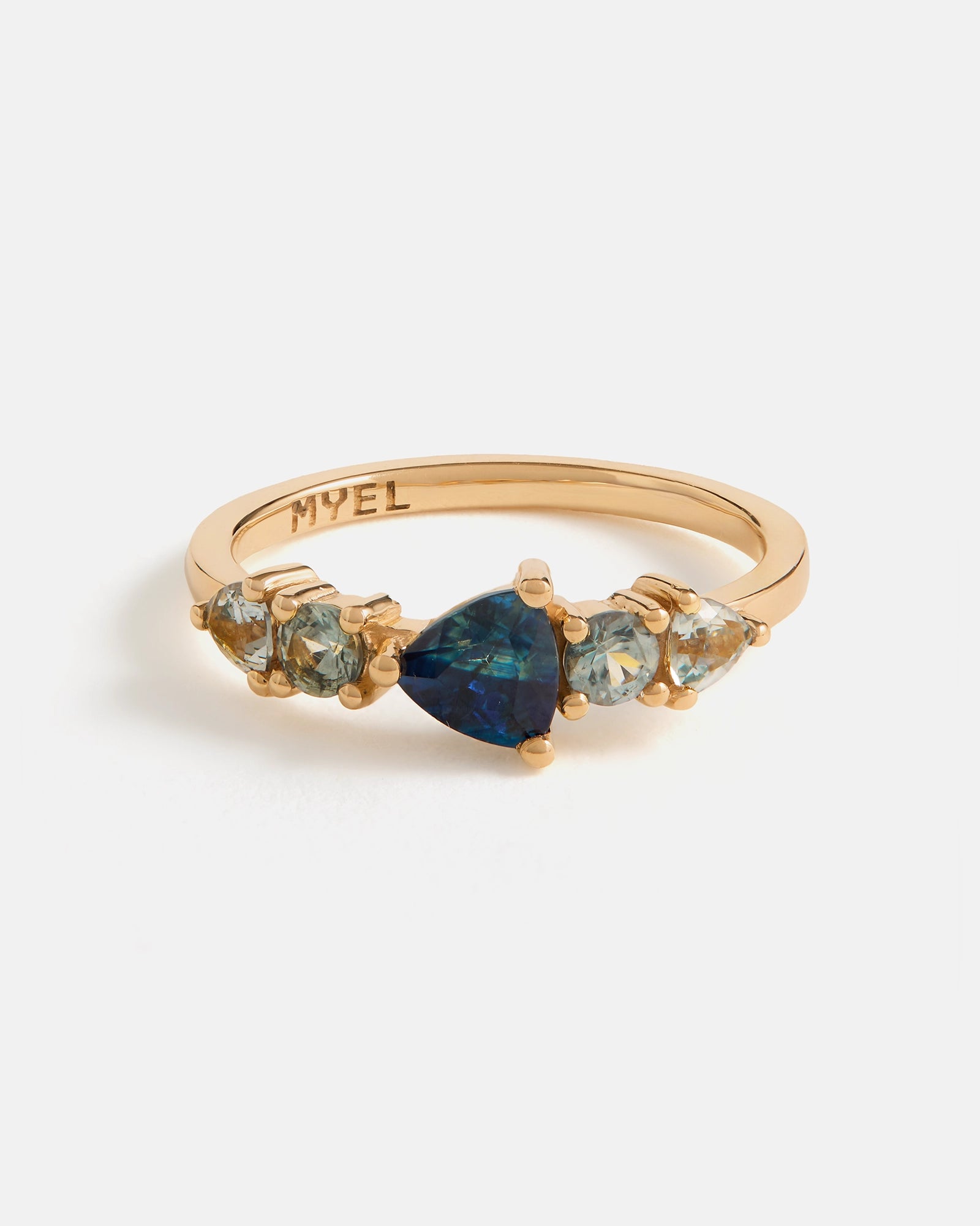 Trillion Cluster Ring in 14K Fairmined Gold with Blue Sapphires