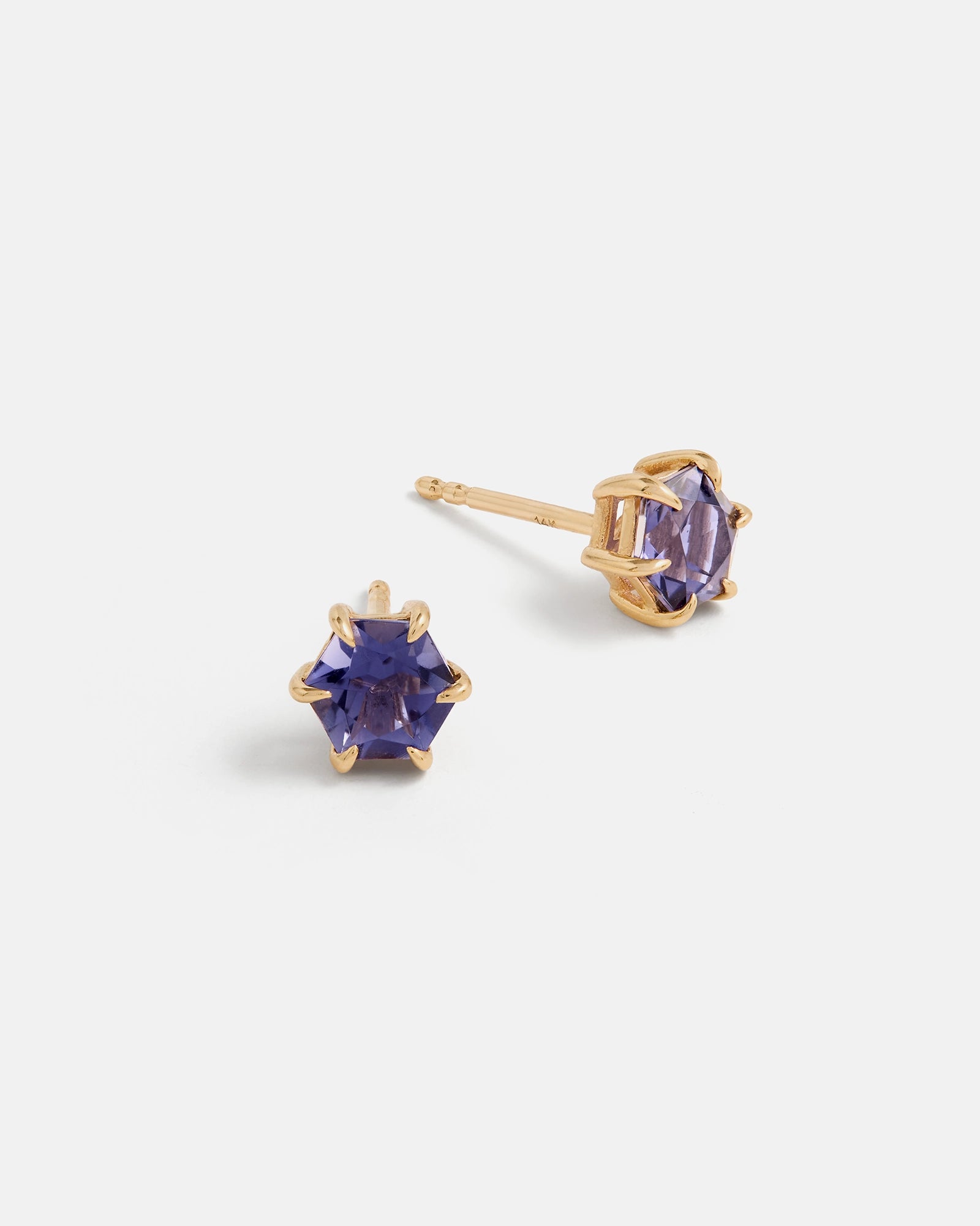Hexagon Stud Earrings in 14K Yellow Gold with Indigo Iolite