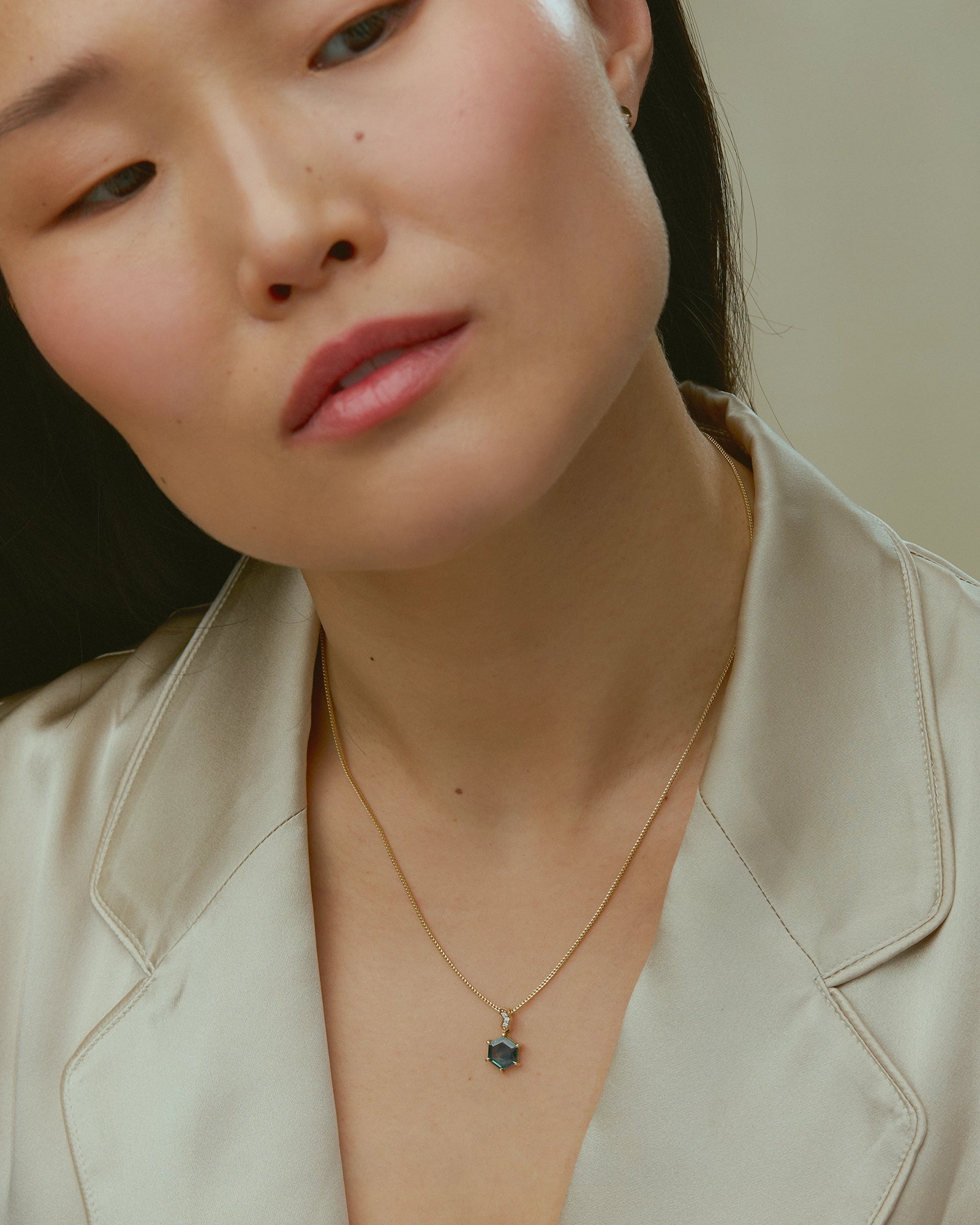 Hexagonal Montana Sapphire Pendant in Fairmined 14K Yellow Gold adorned with lab-grown diamonds.