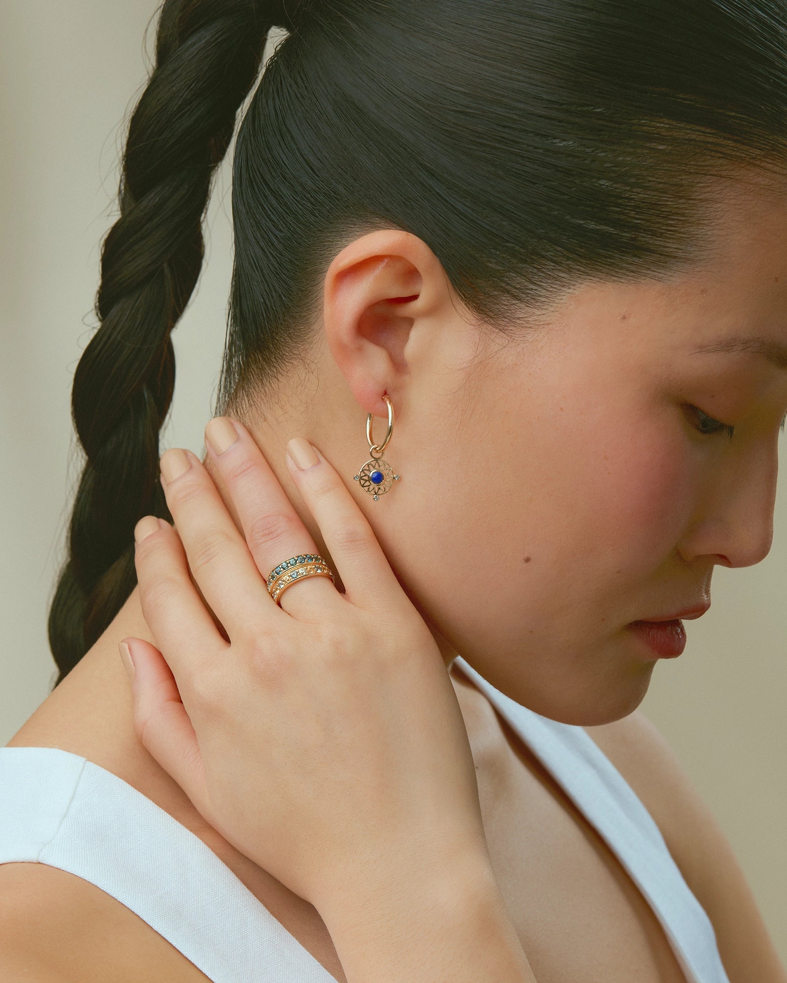Boucles D'Oreilles Talisman en Or Jaune 14k avec Lapis Bleu et Topaz Bleu