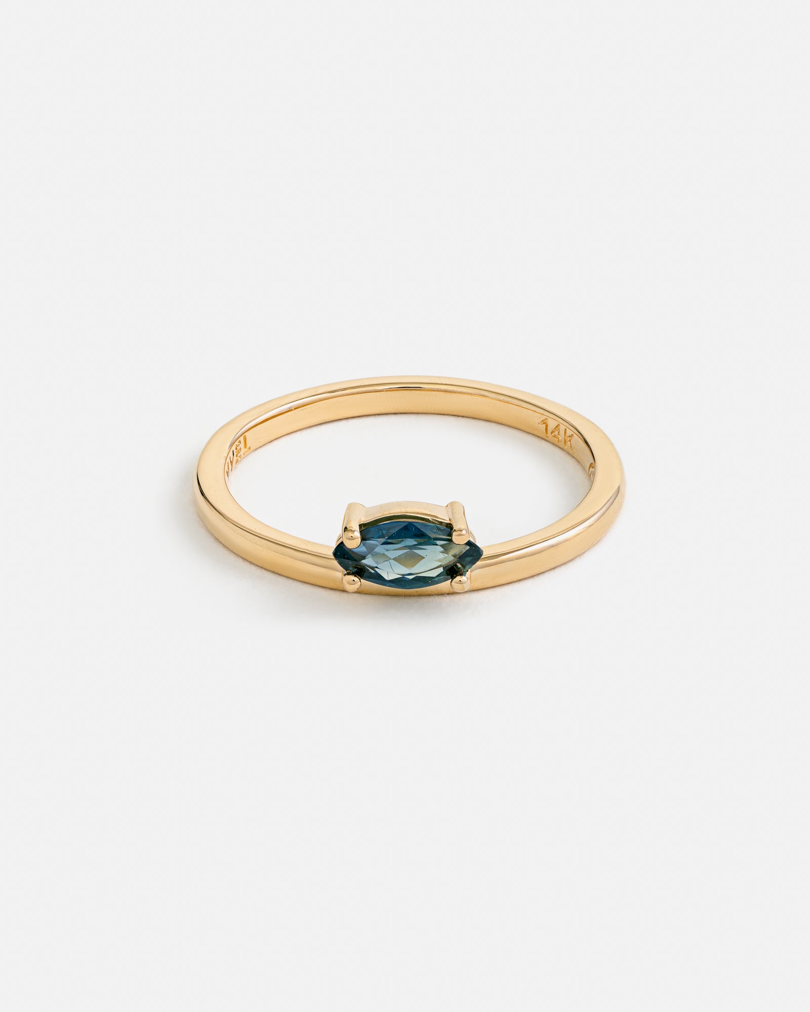 Off-set Marquise ring in Fairmined Gold with Green Australian Sapphire