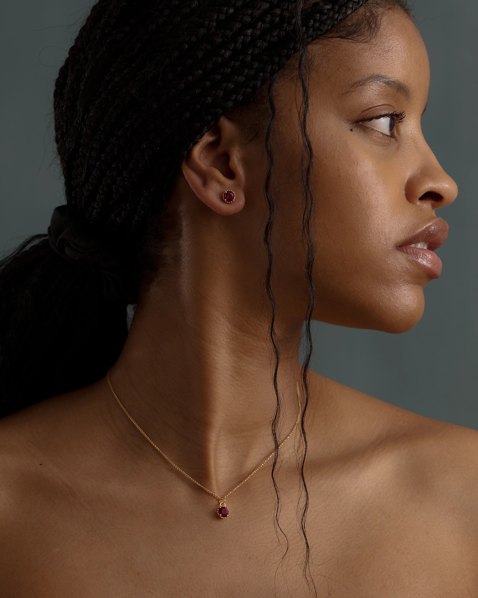 Galatée Stud Earrings in 14k Yellow Gold with raspberry-toned Tanzanian Moyo Garnet