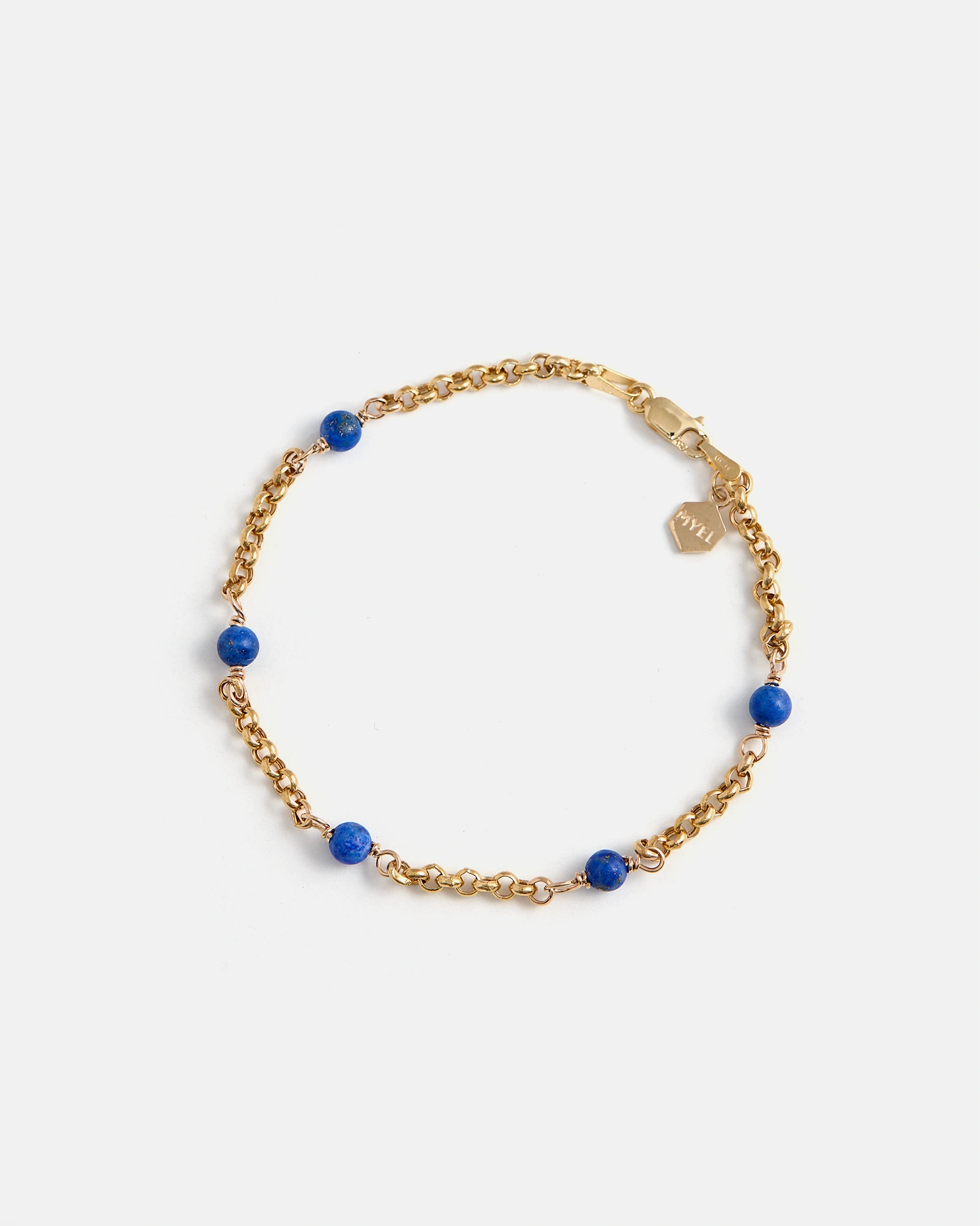 Bracelet Rolo en or jaune et perles de lapis bleues du Chili 