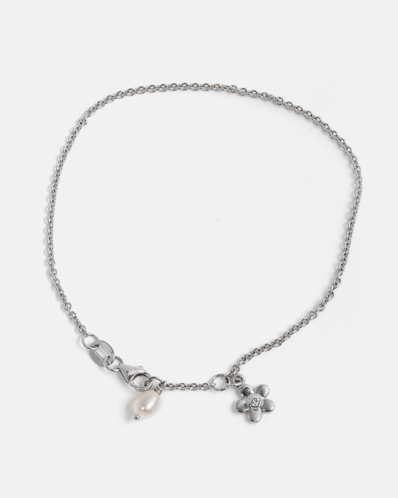 Flower Bracelet in Sterling Silver with Diamond & Pearl