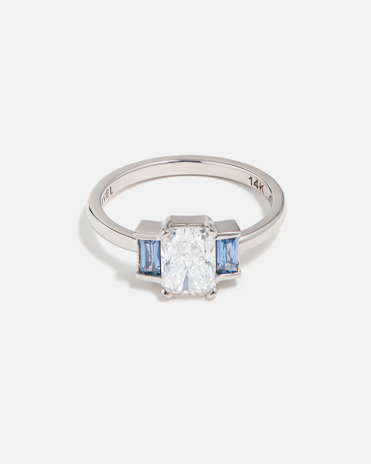 Art Déco Ring in 14k Fairmined Gold with Montana sapphires and 1-carat lab grown diamond