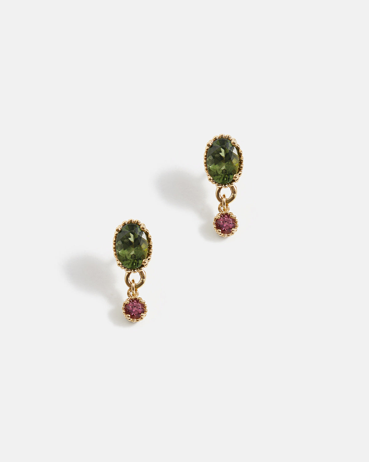 Galatée Earrings in Yellow Gold with Green Tashmarines and Pink Tourmalines