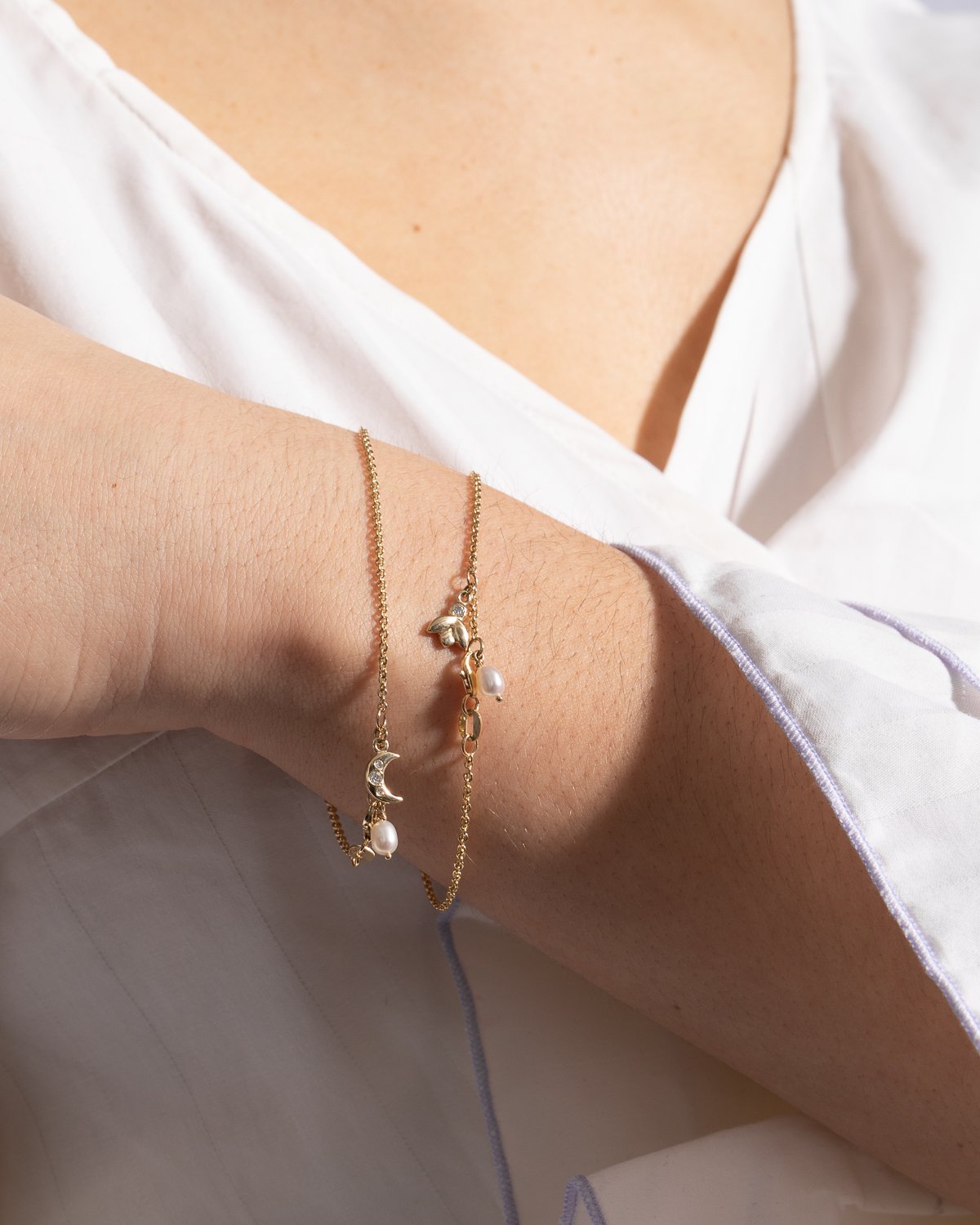 Bracelet Lune en Or avec Diamants de Laboratoire & Perle